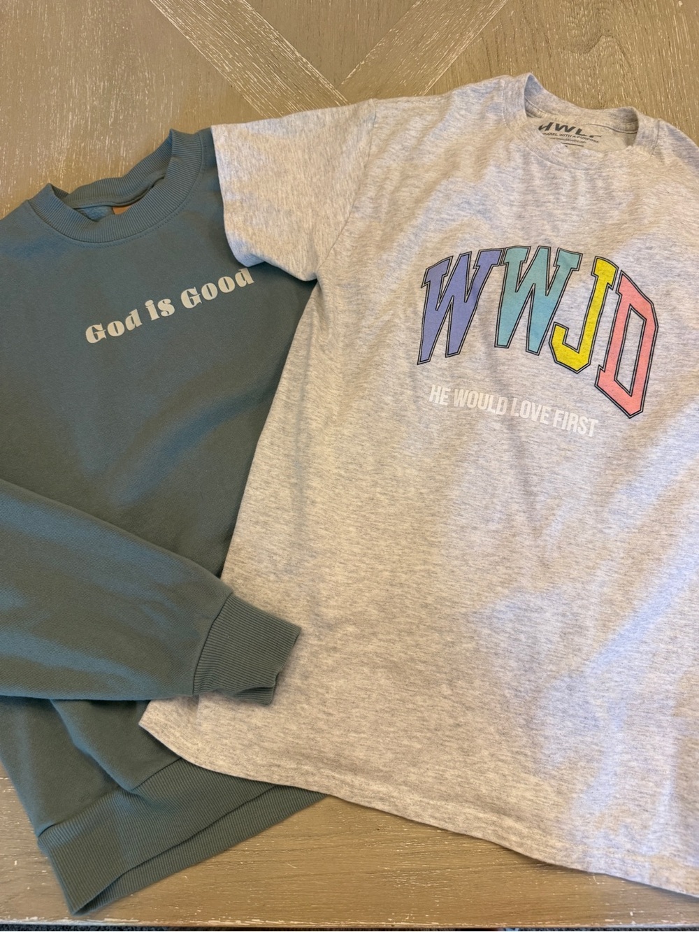 WWJD Graphic Tee Small and 'God Is Good' Pullover Sweatshirt oversized XS